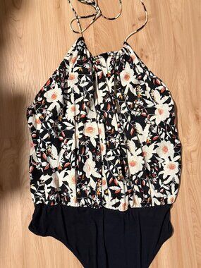 Free People Women’s L Liza Halter Bodysuit Wisteria Floral Tassel Top